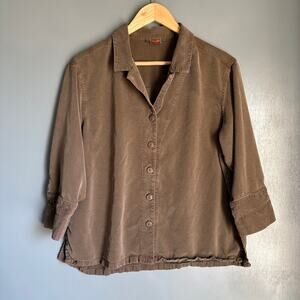 Vintage TIANELLO Women's Med Brown Tencel Boho Hippie Blouse Button Up 90's